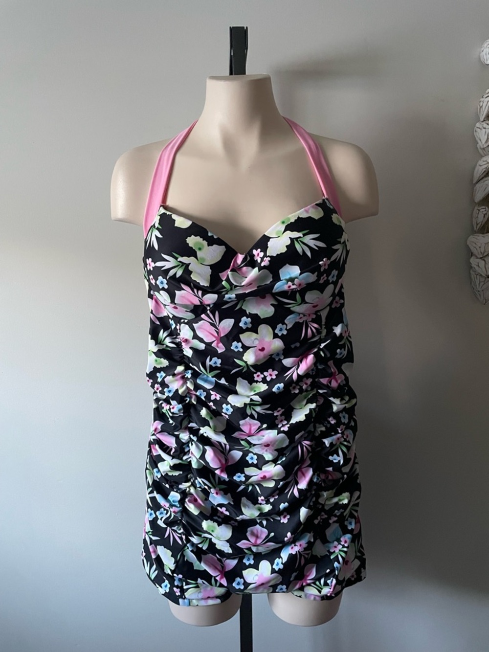 Sea Grove Floral Halter One Piece Swimsuit Retro Pin Up Ruched Plus Size XXXL